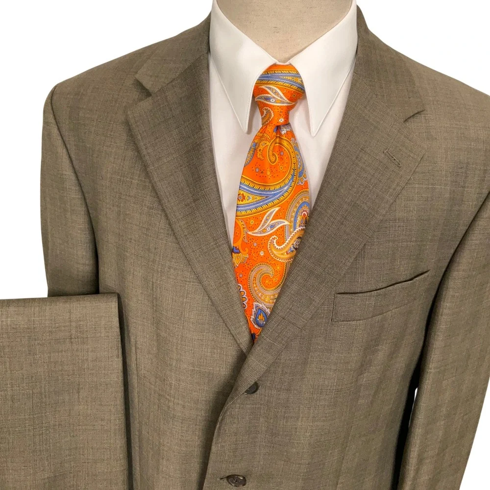 Nautica Suit Men 43R W37 Olive Brown Glen Plaid 3-Button Wool  Unhemmed